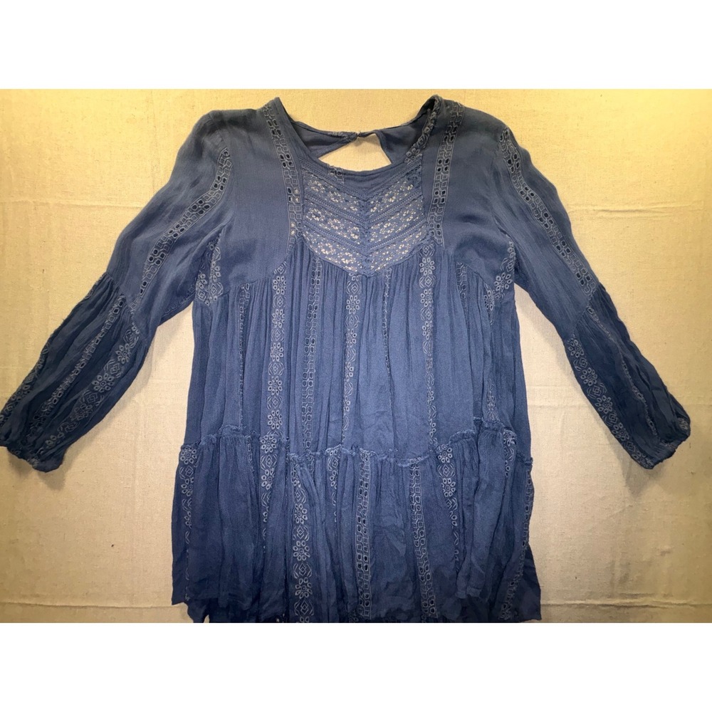 Free People Blue Embroidered Crochet Lace Tiered Boho Mini Dress Small